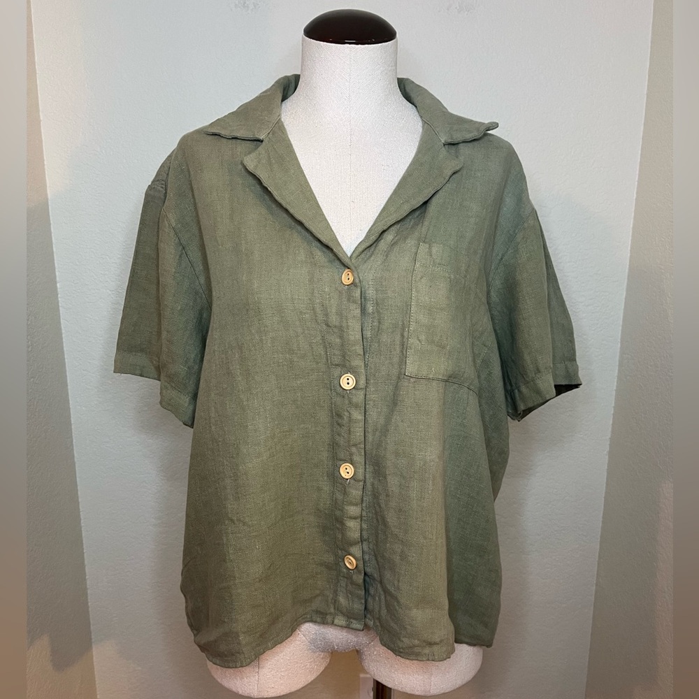 Mate the‎ Label 100% Linen Button Down Shirt in Green size Large